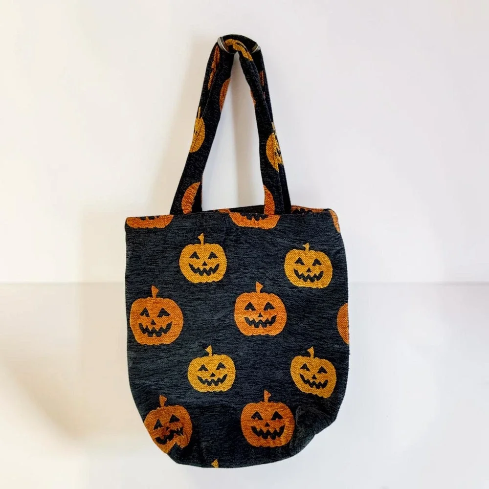 Tote Bag Black Orange Chenille Pumpkin Halloween Kitsch Spooky Jack O Lantern